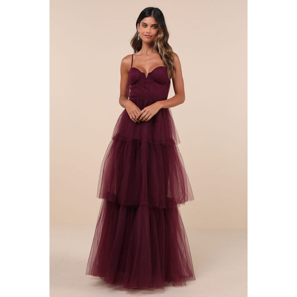 Lulus Unforgettable Poise Plum Purple Tulle Bustier Tiered Maxi Dress - Size L